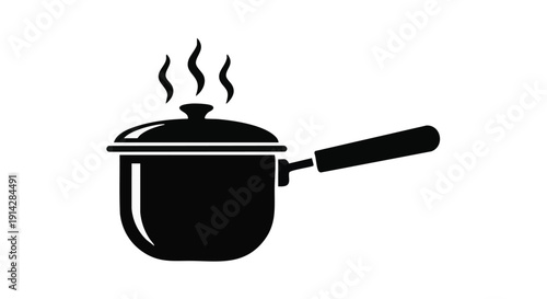 Black Silhouette Cooking Pot with Steam Icon on White Background