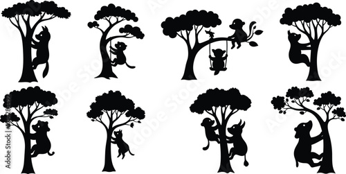 Animal tree interaction silhouette icon set, wildlife illustration, vector graphic, nature behavior symbol, climbing hanging sitting, flat vector