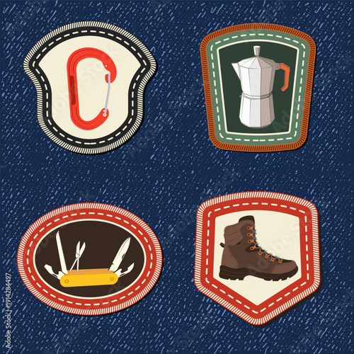 Set of Scout badge with compass, camping mug, pine cone, travel backpack, crossed axes. Vector. Merit patch, sticker for camping outdoor and academic activities