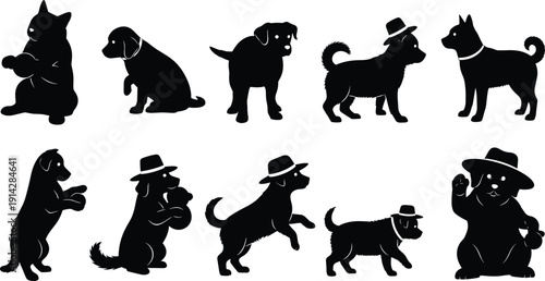 Cat and dog silhouette vector, pets, animals, sitting, standing, walking, hat, playful, cute, funny, cartoon, flat vector