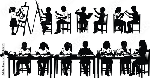 Children art activity silhouette icon set, creative classroom illustration, vector graphic, painting drawing symbol, sculpting education, flat vector