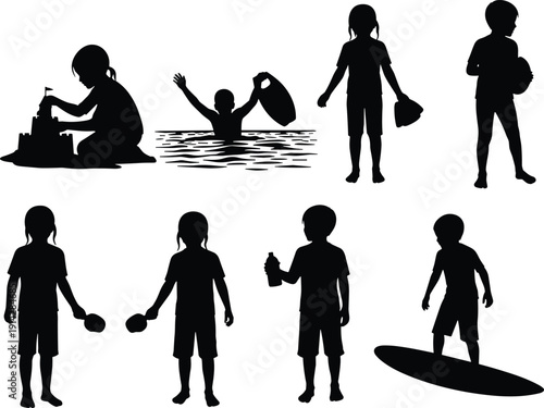 Children beach activity silhouette icon set, seaside play illustration, vector graphic, summer fun symbol, surf paddle ball, flat vector