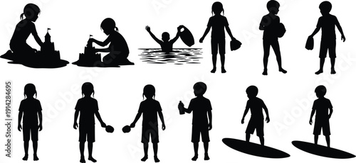 Children beach activity silhouette icon set, summer play illustration, vector graphic, outdoor fun symbol, sandcastle surf, flat vector