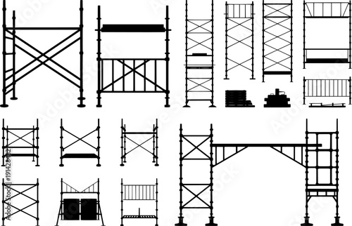 Black silhouette vector set of construction scaffolding, platforms, frames and safety barriers. Industrial building equipment isolated on white background.