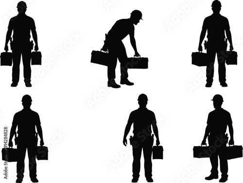 Construction worker silhouette icon set, handyman illustration, vector graphic, toolbox repair symbol, manual labor job, flat vector