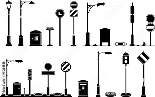 Black silhouette vector set of street lamps, traffic lights, road signs, utility boxes and urban street furniture. City infrastructure elements isolated on white.
