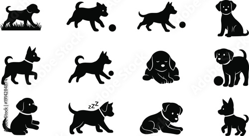 Dog puppy silhouette icon set, pet activity illustration, vector graphic, playful animal symbol, sitting running sleeping, flat vector