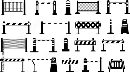 Vector set of construction barriers, road blockades, safety fences and traffic bollards. Black silhouettes isolated on light background.
