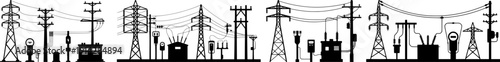 Vector illustration of electric power transmission towers, substations and utility poles. High voltage energy infrastructure and electricity distribution concept.