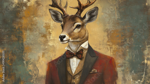 An elegant deer dressed in a suit with a bow tie, exuding sophistication and style. The image has vintage feel.  AI Generative