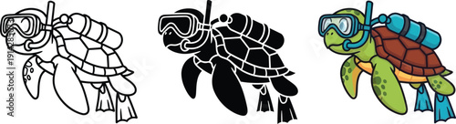 Cute Cartoon Sea Turtle Scuba Diving, Ocean Adventure, Snorkeling Gear, Three Styles