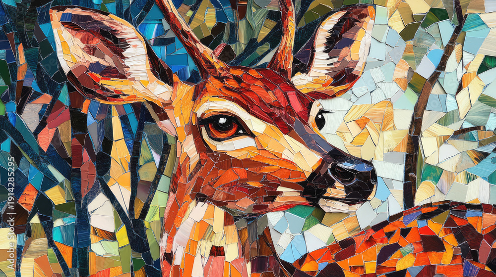 custom made wallpaper toronto digitalA mosaic depiction of a deer in a vibrant forest, with intricate patterns and colors. The deer is a focal point, gazing towards the viewer, surrounded by stylized trees.  AI Generative