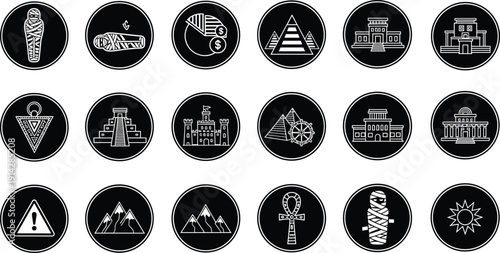 Ancient Egypt icons set, line vector collection with pyramids pharaoh mummy temple ankh symbol historical architecture