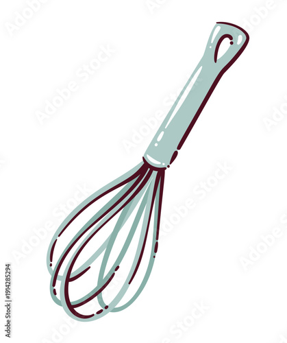 Whisk kitchen tool for baking and cooking. Stainless steel balloon whisk utensil for mixing batter, cream, eggs, dough. Doodle outline pastry equipment icon, cartoon vector illustration.