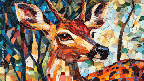 Wallpaper Mural A mosaic depiction of a deer in a vibrant forest, with intricate patterns and colors. The deer is a focal point, gazing towards the viewer, surrounded by stylized trees.  AI Generative Torontodigital.ca