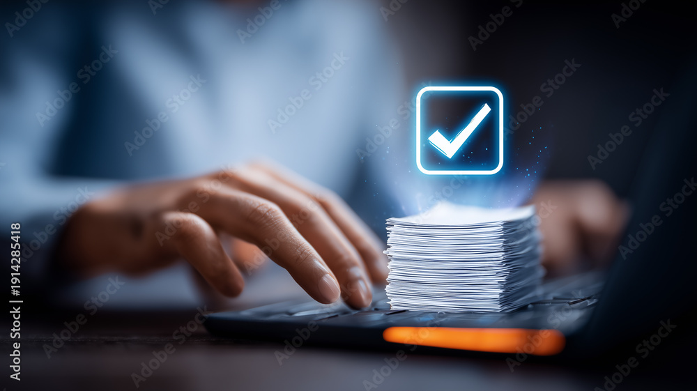 Obraz premium Stack of documents with approval checkmark while hand typing on keyboard representing verified data processing and administrative workflow. 