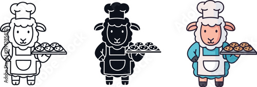 Adorable Cartoon Chef Sheep Holding Baked Cookies, Baking Concept, Three Styles