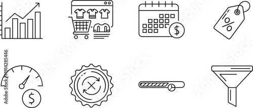 Business growth and ecommerce marketing, line icons set with analytics calendar discount filter speed optimization symbols for web and mobile