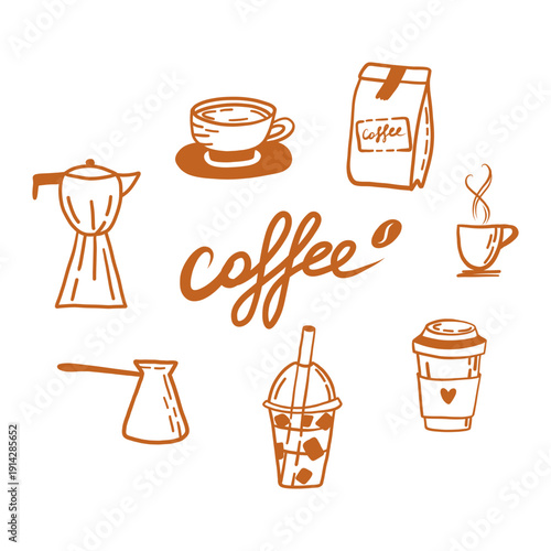 Hand-drawn vector illustrations of a coffee set: coffee maker, takeaway coffee, a cocoa cup, a bag of beans, and ice coffee. Minimalistic line art style. Pencil sketch style, doodle for menu design
