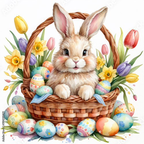 Watercolor Easter bunny in wicker basket with decorated eggs and spring flowers isolated on white background
