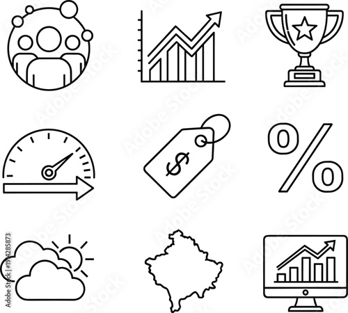 Comprehensive Vector Line Icon Set Featuring Business Growth Charts, Success Trophy, Financial Price Tags, Performance Speedometer, Global Networking, and Weather Forecasting Symbols