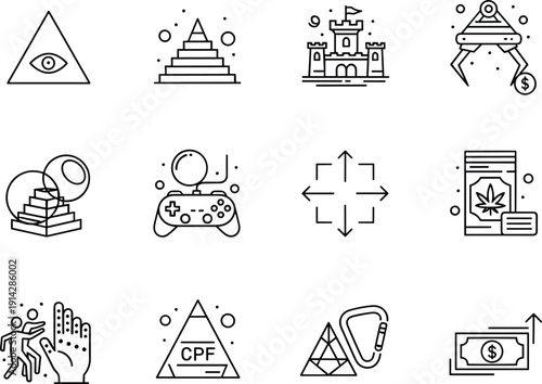 Conceptual Line Icon Set Featuring Pyramid Eye, Medieval Castle, Gaming Controller, Financial Growth, Climbing Gear, Global Strategy, and Modern Business Symbols