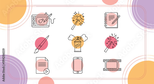 Creative digital art tools collection featuring graphic tablet magic wand notebook paintbrush spray can smartphone and film strip icons for design