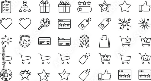 Customer rating and ecommerce line icons set, star reviews, shopping cart, wishlist, reward badge vector collection