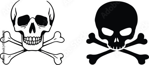A graphic illustration of a skull and crossbones in black and white silhouette mode