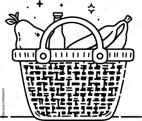 A simple line drawing of a wicker picnic basket filled with food and drink silhouette