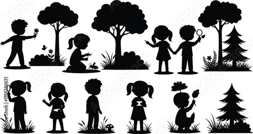Children nature activity silhouette icon set, outdoor exploration illustration, vector graphic, curiosity symbol, learning play environment, flat vector