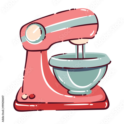 Electric stand mixer for baking and kitchen preparation. Kitchen mixer machine with metal bowl and whisk attachment for dough and batter mixing. Doodle appliance icon, cartoon vector illustration.