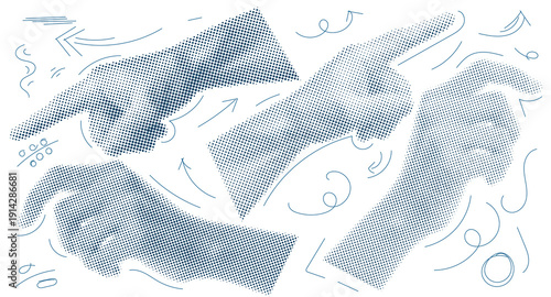 Halftone hand illustration with blue tones and graphic patterns