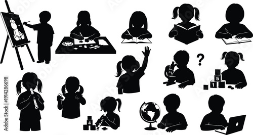 Children education silhouette icon set, creative learning illustration, vector graphic, school activity symbol, science art music, flat vector