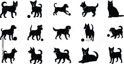 Dog silhouette icon set, cat figure illustration, vector graphic, pet animal symbol, ball play activity, flat vector