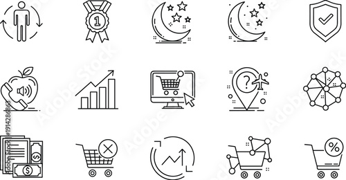Modern business and ecommerce line icons set, shopping cart, analytics growth, security shield, travel, network vector illustration