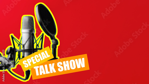 Φωτογραφία Podcast special talk show with a microphone on a red background