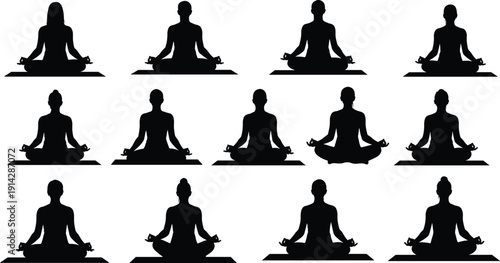 Meditation silhouette icon set, yoga pose illustration, vector graphic, mindfulness symbol, wellness practice, relaxation activity, flat vector