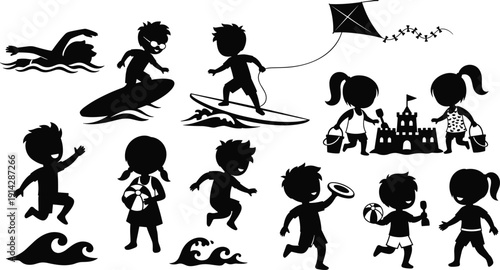 Children beach activity silhouette icon set, summer play illustration, vector graphic, outdoor fun symbol, vacation scene, flat vector