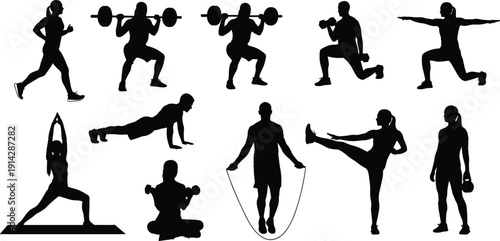 Fitness silhouette icon set, workout exercise illustration, vector graphic, strength training symbol, yoga pose, running activity, flat vector