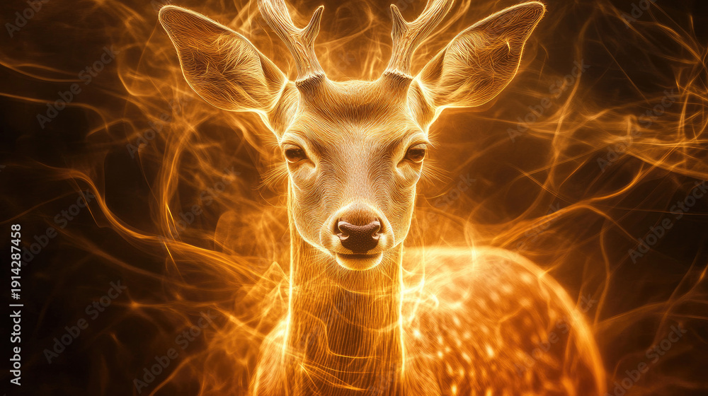 custom made wallpaper toronto digitalThe majestic deer, radiating light against a dark background. Glowing with energy and grace. The deer with elegant antlers, and captivating eyes. AI Generative