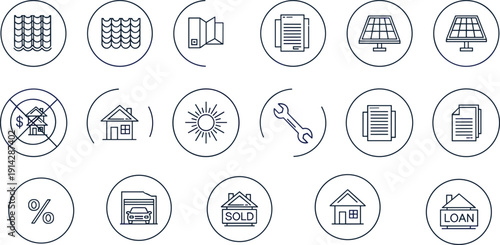 Real estate and mortgage icons set, line vector collection with home loan solar panel insurance property documents
