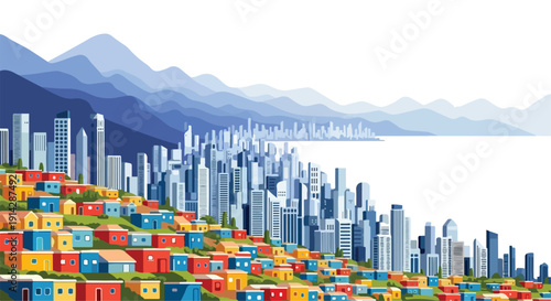 Vibrant illustration of a cityscape with colorful houses on a hillside, skyscrapers, and mountains in the background, overlooking the water.