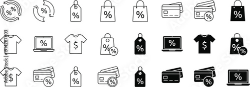 Shopping discount and sale line icons set, retail promotion symbols, ecommerce percentage tags, price markdown vector illustration collection