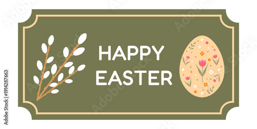 Easter ticket, coupon design featuring a painted egg and a willow branch in a spring style. Vector Easter ticket mockup on a green background.