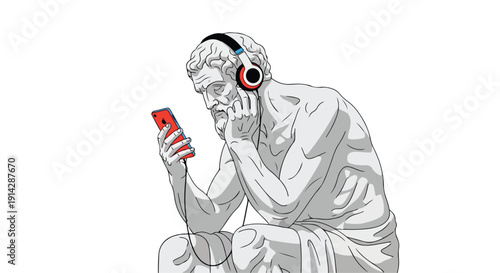 Illustration of a contemplative ancient Greek philosopher wearing headphones and holding a smartphone in a grayscale style with a neutral background.
