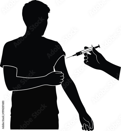 Man receiving vaccination or injection on his arm from a syringe