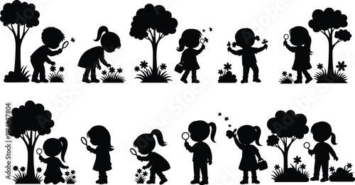 Children outdoor exploration nature learning discovery magnifying glass flowers butterflies plants fun silhouette flat vector