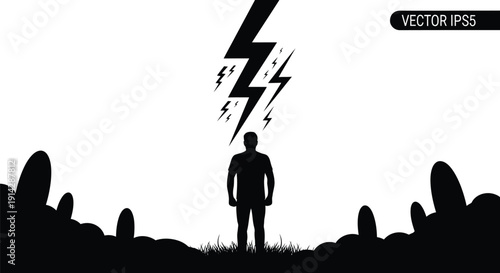 Silhouetted man standing confidently amidst a dramatic lightning storm scene