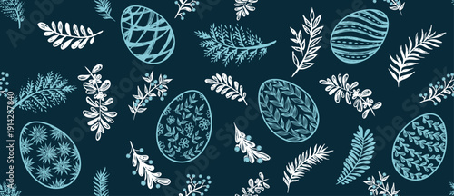Seamless easter eggs pattern on blue	
